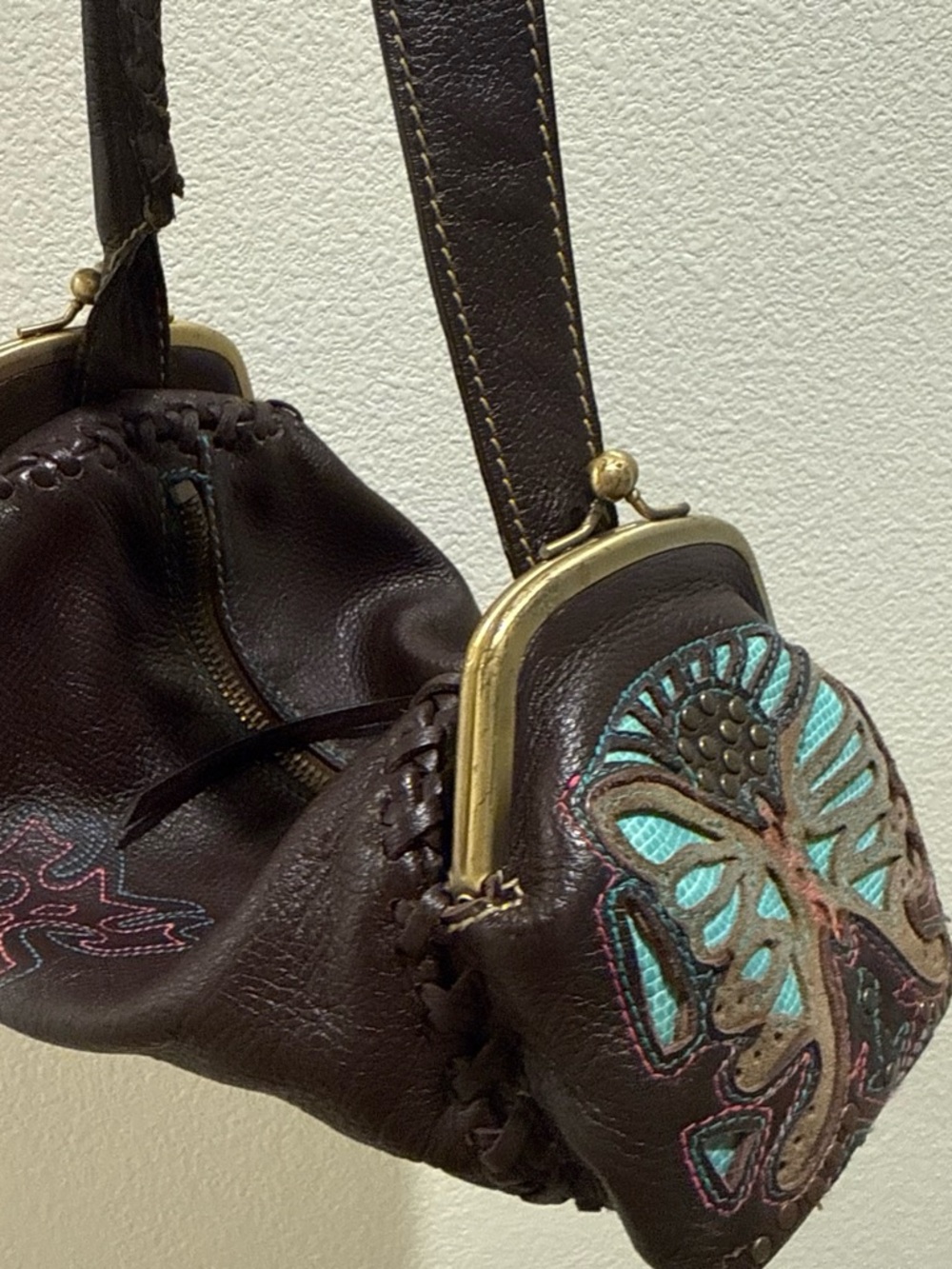 Dark Brown Leather Shoulder Bag with Turquoise Embroidered Butterfly Accent